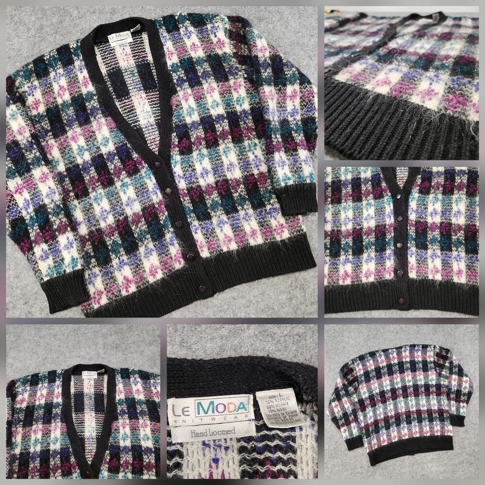 VTG Le Moda Knitwear Womens L Large Mohair Blend V Neck Preppy Cardigan Sweater